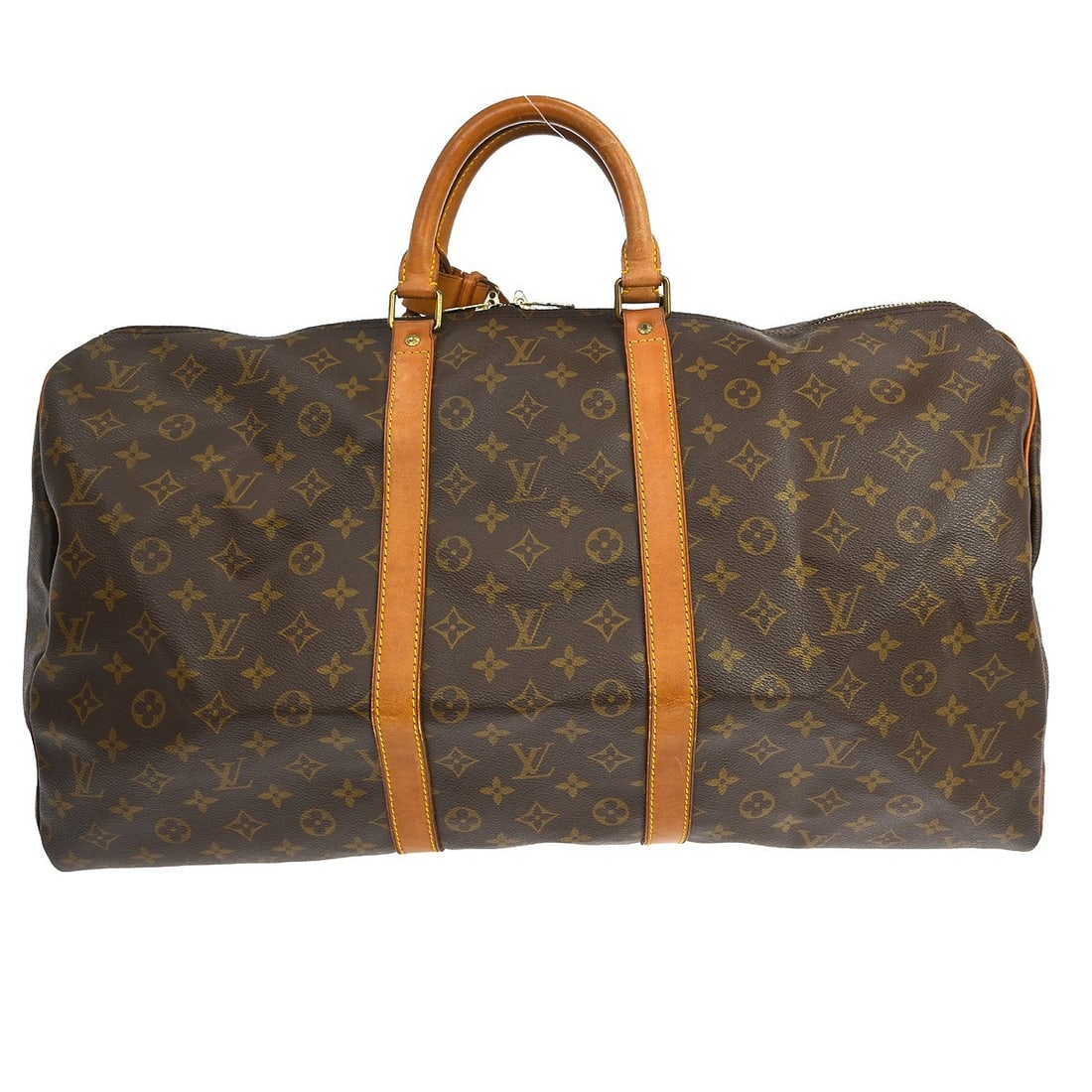 Keepall Travel Duffel by Louis Vuitton in Monogram Canvas: Keepall Travel Duffel by Louis Vuitton in Monogram Canvas This is a Louis Vuitton Keepall bag crafted from monogram canvas in a brown colorway. Designed for unisex use, this vintage bag originates fro