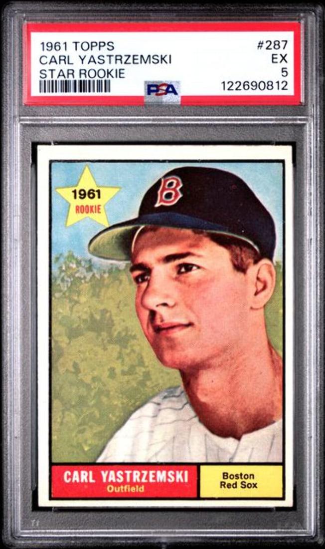 1961 Topps #287 Carl Yastrzemski Rookie Card PSA Graded 5 EX: 1961 Topps #287 Carl Yastrzemski Rookie Card PSA Graded 5 EX This is an original 1961 Topps Carl Yastrzemski #287 Star Rookie card, graded by Professional Sports Authenticator (PSA) with a grade of 5 