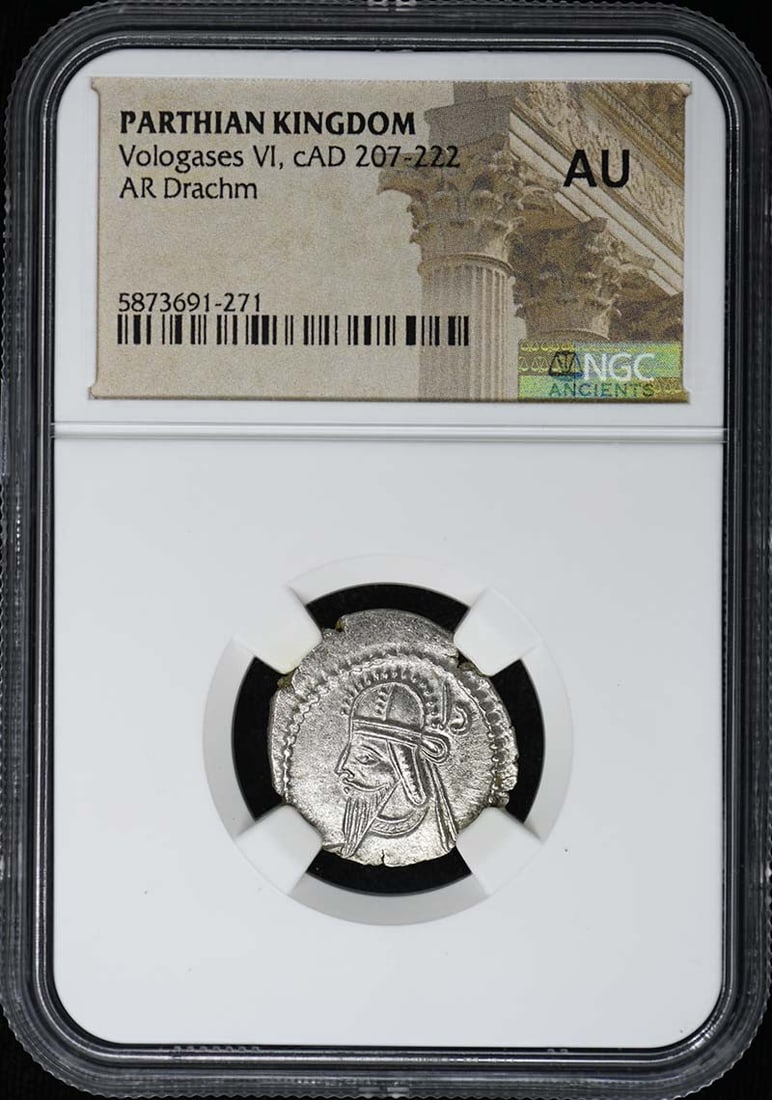 Parthian Kingdom Silver Drachm Vologases VI NGC AU Certified: Parthian Kingdom Silver Drachm Vologases VI NGC AU Certified This is an AR Drachm coin from the Parthian Kingdom, issued during the reign of Vologases VI around AD 207-222. The coin has been certified