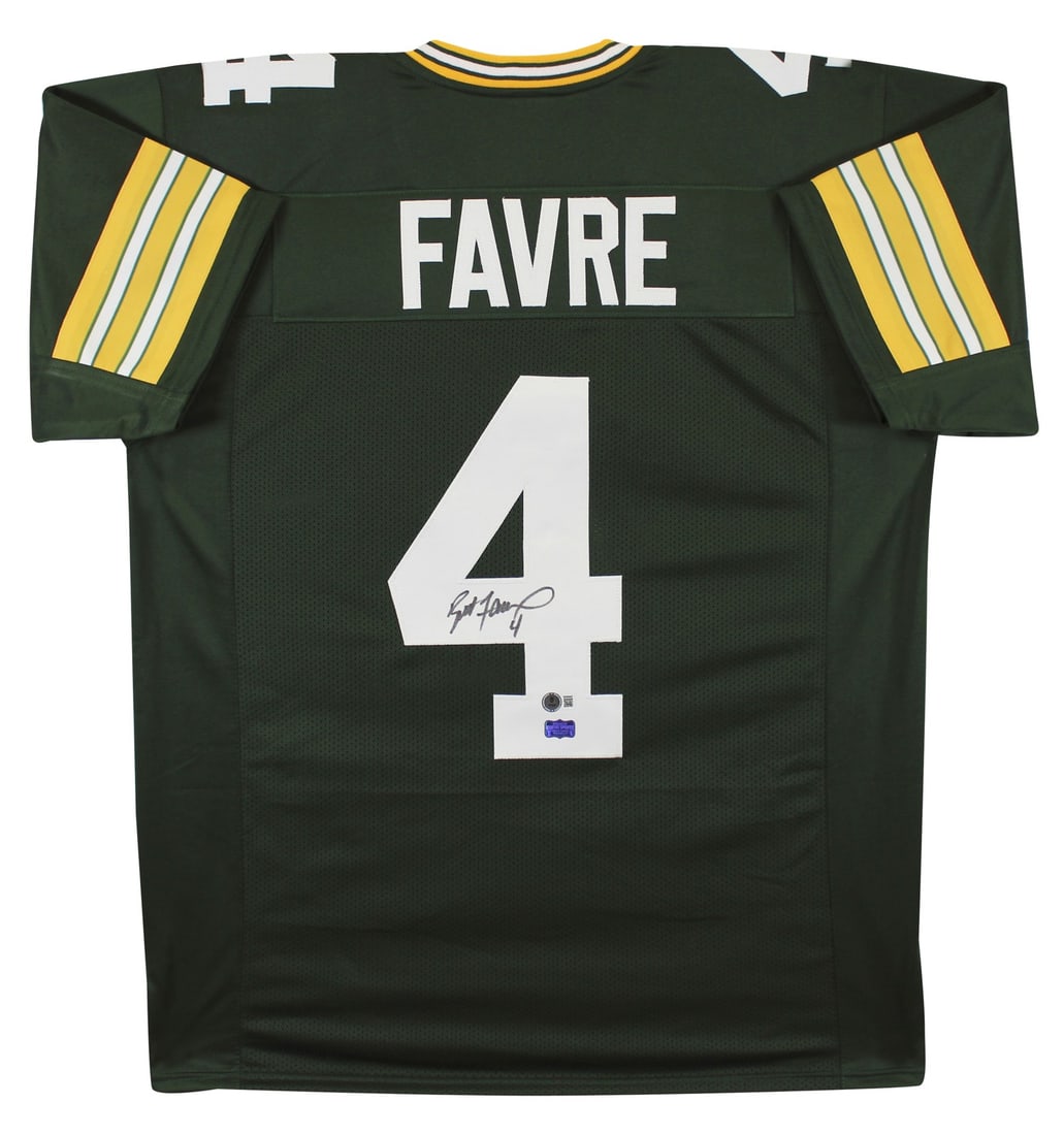 Brett Favre Signed Green Pro Style Jersey BAS Authenticated: Brett Favre Signed Green Pro Style Jersey BAS Authenticated Own a piece of football history with this authentic Brett Favre signed Green Pro Style Jersey, personally autographed by the legendary quart