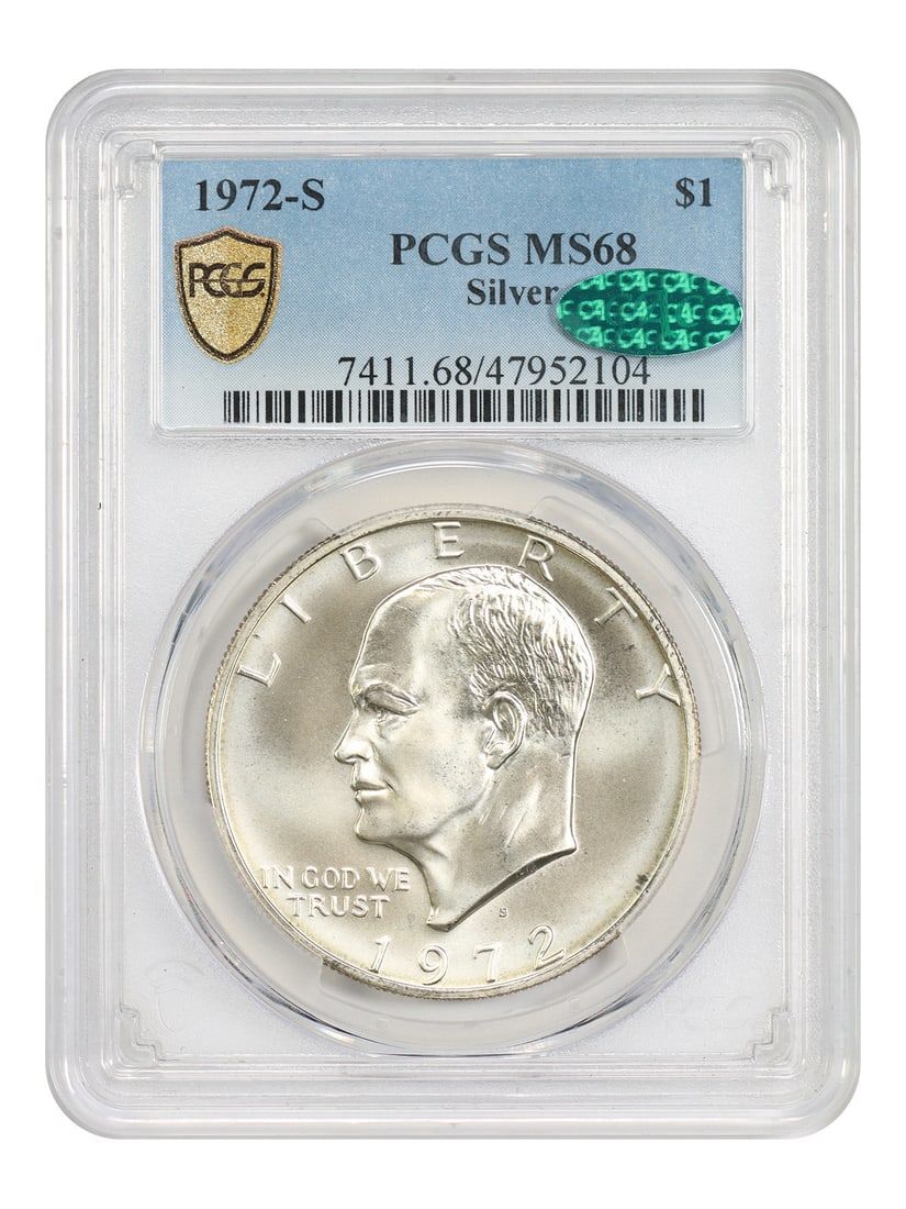 1972-S Ike Dollar $1 PCGS CAC MS68 Silver: 1972-S Ike Dollar $1 PCGS CAC MS68 Silver This 1972-S Eisenhower Dollar is a silver coin graded MS68 by PCGS and also carries CAC approval. It is uncirculated and was minted in San Francisco. The coin