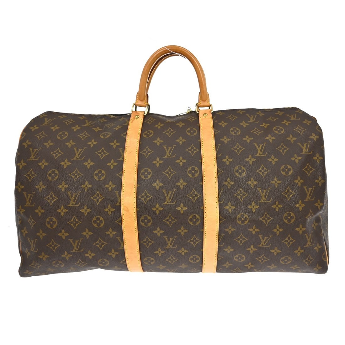 Louis Vuitton Keepall 55 Monogram Canvas Extra Large Travel Duffle Bag: Louis Vuitton Keepall 55 Monogram Canvas Extra Large Travel Duffle Bag This Louis Vuitton Keepall 55 travel handbag features the signature monogram canvas with leather trim and double beige leather ha