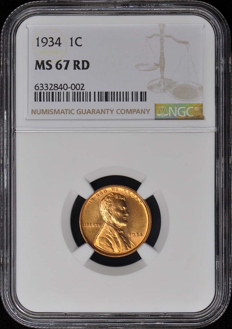 1934 NGC MS67RD Lincoln Wheat Cent Uncirculated Coin: 1934 NGC MS67RD Lincoln Wheat Cent Uncirculated Coin This 1934 Wheat Reverse Lincoln Cent is a remarkable piece, certified by NGC with a grade of MS67RD, indicating it is uncirculated and in