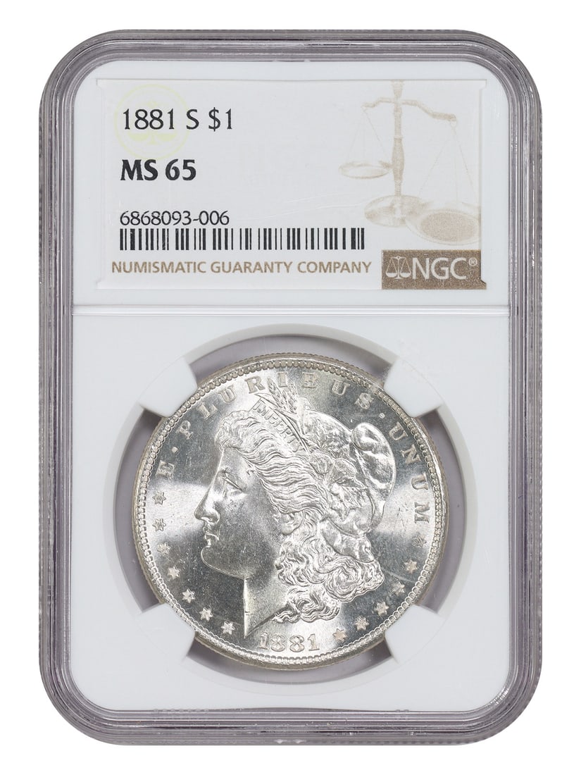 NGC MS65 1881 San Francisco Morgan Silver Dollar $1 Coin: NGC MS65 1881 San Francisco Morgan Silver Dollar $1 Coin This 1881-S Morgan Dollar is certified by NGC with a grade of MS65. Struck in San Francisco, this uncirculated coin is a popular collector's ch
