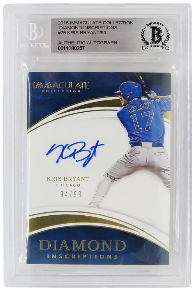 Kris Bryant Signed Cubs 2016 Immaculate Collection Card #25 Beckett Authenticated: Kris Bryant Signed Cubs 2016 Immaculate Collection Card #25 Beckett Authenticated Own a piece of baseball history with this Kris Bryant autographed Chicago Cubs 2016 Immaculate Collection trading card