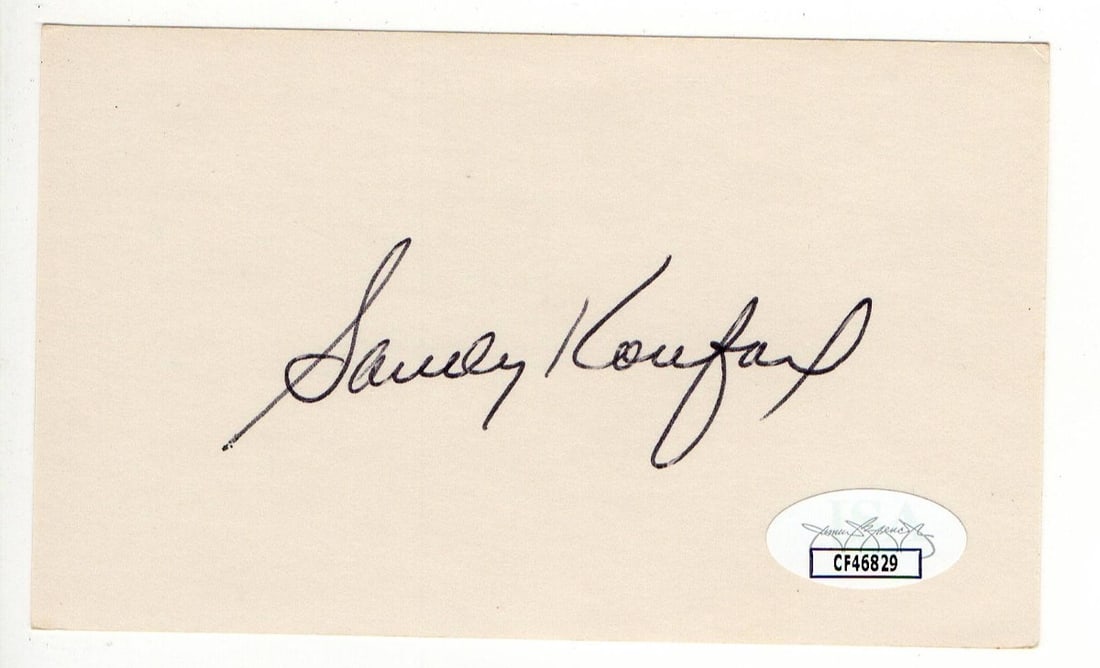 Sandy Koufax Autographed 3X5 Index Card Dodgers JSA Authenticated: Sandy Koufax Autographed 3X5 Index Card Dodgers JSA Authenticated This is an original autographed 3X5 index card signed by Sandy Koufax, the legendary pitcher for the Los Angeles Dodgers and Hall of F