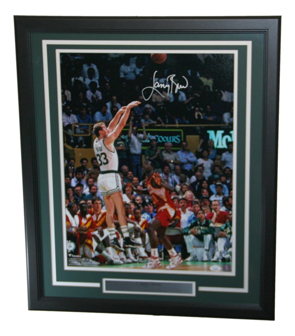Larry Bird Signed 16x20 Framed Photo JSA Boston Celtics: Larry Bird Signed 16x20 Framed Photo JSA Boston Celtics This is a stunning autographed 16x20 photograph of basketball legend Larry Bird, framed elegantly to showcase his iconic image. The piece is an 