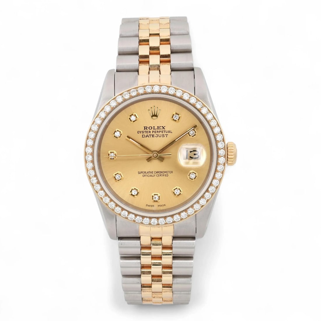 Rolex Datejust 16233 Automatic Mens Watch with Custom Gold Bezel and Diamond Dial: Rolex Datejust 16233 Automatic Mens Watch with Custom Gold Bezel and Diamond Dial Experience luxury with this pre-owned Rolex Datejust wristwatch, featuring a stunning custom 14k solid gold bezel and 