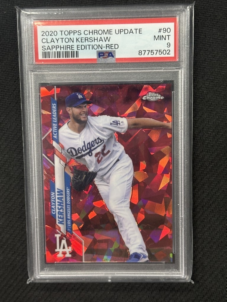 Clayton Kershaw 2020 Topps Chrome Update Sapphire Red PSA 9 #90: Clayton Kershaw 2020 Topps Chrome Update Sapphire Red PSA 9 #90 This is a 2020 Topps Chrome Update Sapphire Red baseball card featuring Clayton Kershaw, a star pitcher for the Los Angeles Dodgers. The