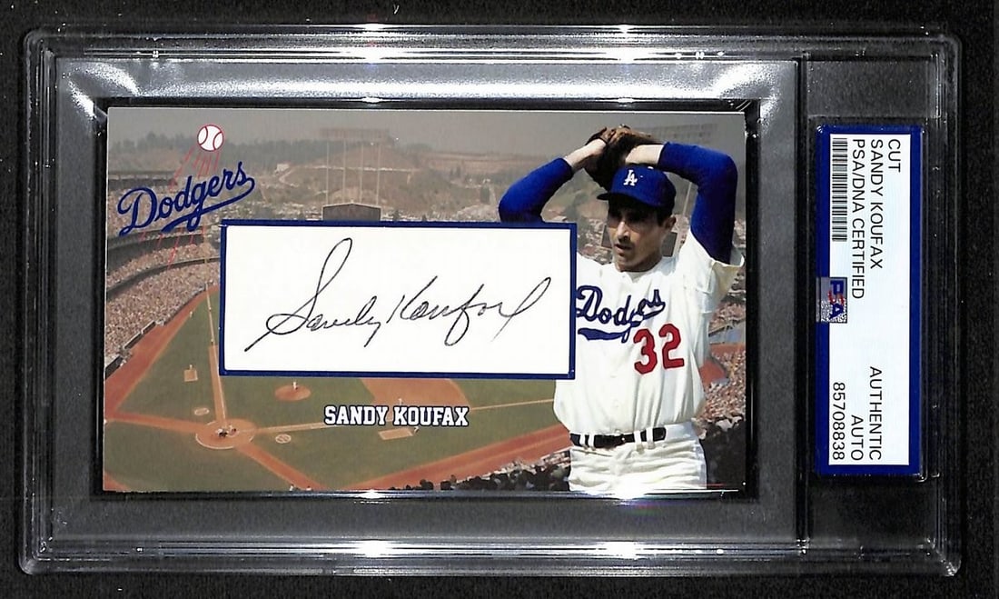 Signed 3x5 Cut Custom Card Sandy Koufax PSA DNA Authenticated Dodgers HOF: Signed 3x5 Cut Custom Card Sandy Koufax PSA DNA Authenticated Dodgers HOF This is an original Sandy Koufax Hall of Fame autographed cut card measuring 3x5 inches. It features a custom design and has b