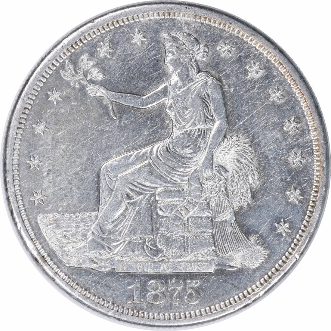1875-S Trade Silver Dollar AU Uncertified 90% Silver Coin: 1875-S Trade Silver Dollar AU Uncertified 90% Silver Coin This 1875-S Trade Silver Dollar is a remarkable piece from the San Francisco mint, showcasing a rich history and craftsmanship. The coin is co