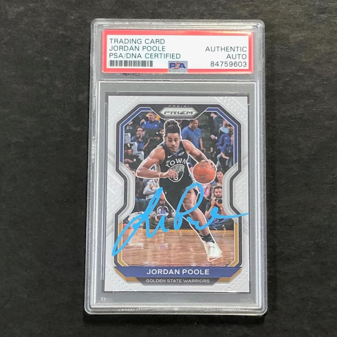 2020-21 Panini Prizm #147 Jordan Poole Signed Rookie Card PSA Authenticated: 2020-21 Panini Prizm #147 Jordan Poole Signed Rookie Card PSA Authenticated This is a 2020-21 Panini Prizm #147 rookie card featuring a bold autograph from NBA player Jordan Poole. The signature has b