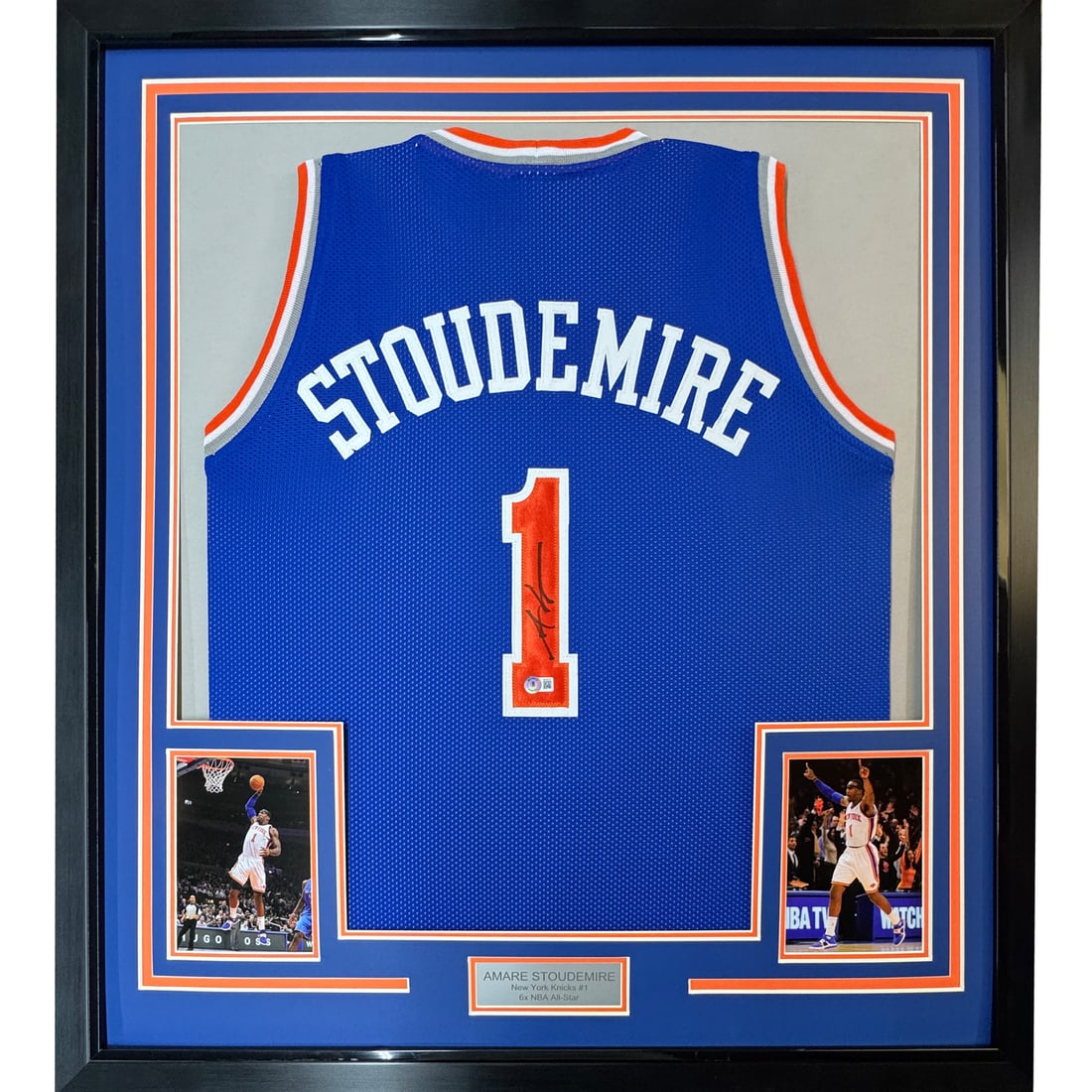 Framed Autographed Amare Stoudemire Jersey New York Knicks BAS COA: Framed Autographed Amare Stoudemire Jersey New York Knicks BAS COA Celebrate the legacy of Amare Stoudemire with this framed autographed New York Knicks blue jersey. This impressive piece of memorabil