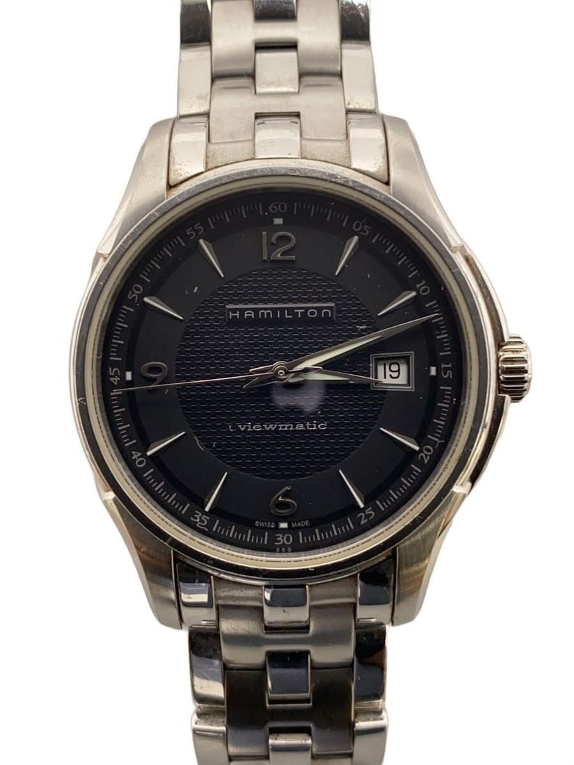 Hamilton Jazzmaster stainless steel men's wristwatch: Hamilton Jazzmaster stainless steel men's wristwatch This Hamilton Jazzmaster Viewmatic men's wristwatch features a stainless steel case and band with a black dial. The watch is Swiss-made and designe