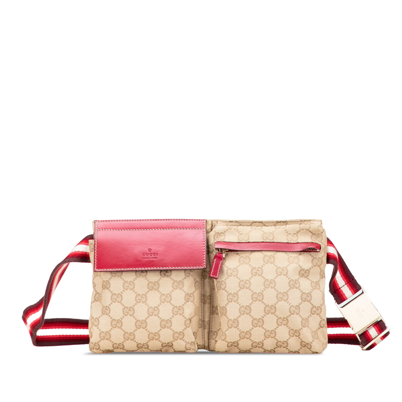 Gucci GG Canvas Web Double Pocket Belt Bag Brown Fabric Italy: Gucci GG Canvas Web Double Pocket Belt Bag Brown Fabric Italy The Gucci GG Canvas Web Double Pocket Belt Bag is a stylish and functional accessory designed for convenience. It features a durable canva