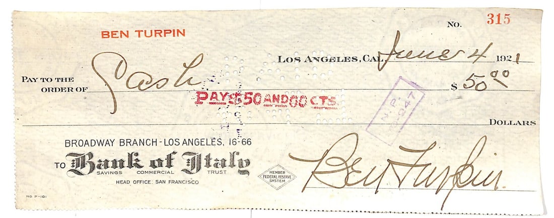 Ben Turpin Autographed Original Check Silent Movie Star JSA Authenticated (1 of 3)