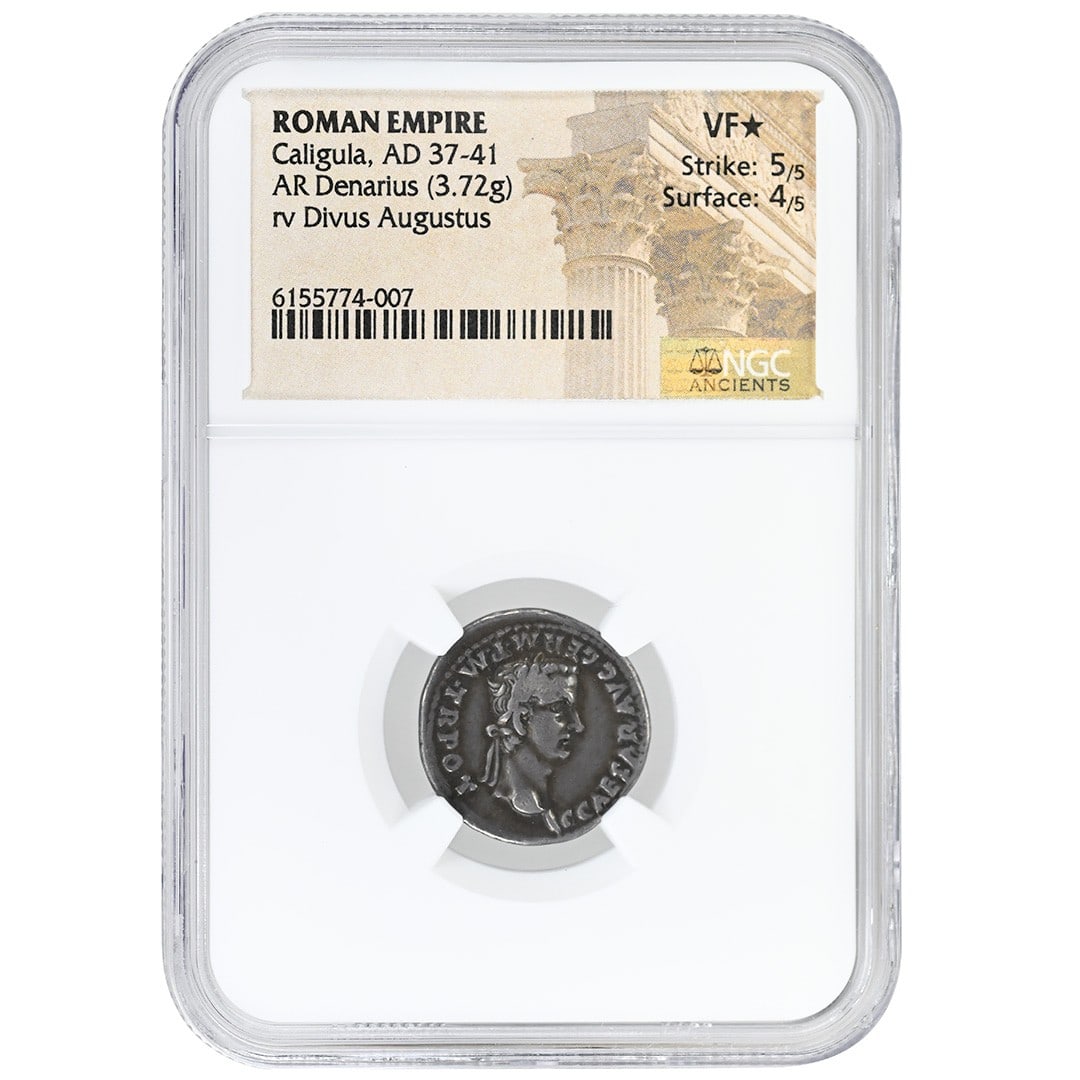 Silver Denarius of Caligula NGC Certified VF Star Roman Empire AD 37-41: Silver Denarius of Caligula NGC Certified VF Star Roman Empire AD 37-41 This ancient Roman Empire AR Denarius features Caligula as ruler and dates from AD 37 to 41. Certified by NGC with a VF* grade a