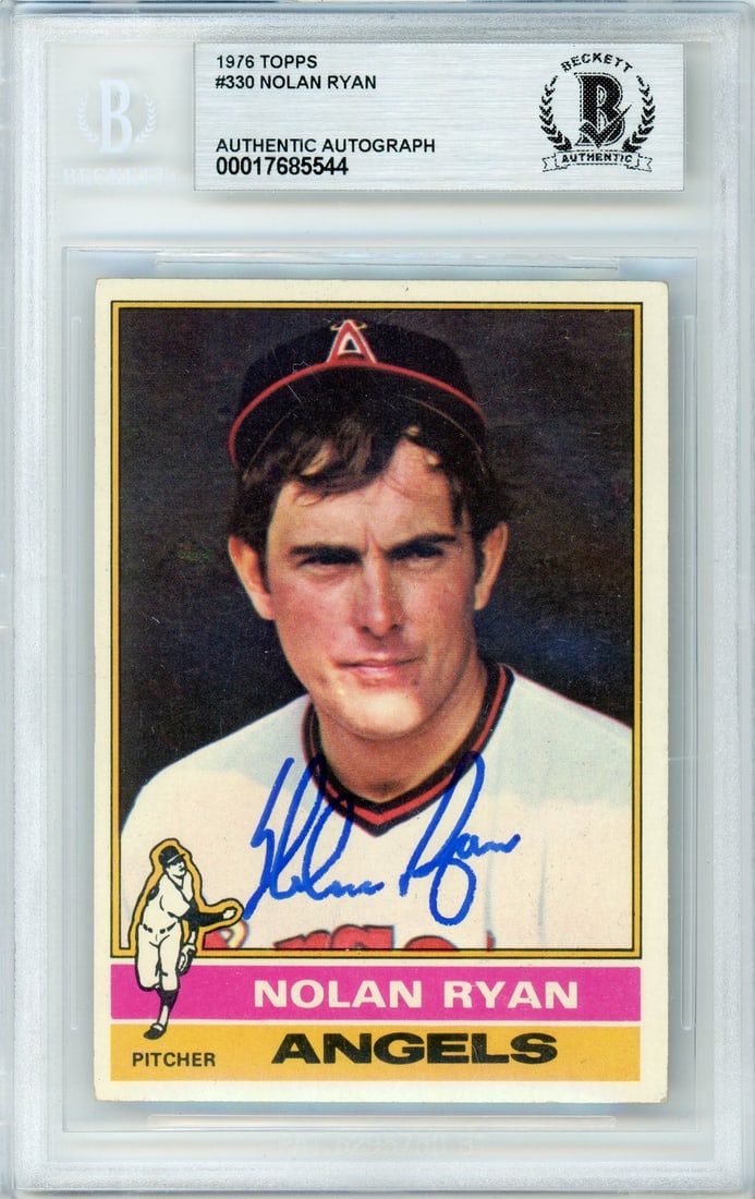 Nolan Ryan 1976 Topps Angels #330 BGS Autograph: Nolan Ryan 1976 Topps Angels #330 BGS Autograph This is an original 1976 Topps #330 Nolan Ryan sports trading card featuring the legendary pitcher from the Los Angeles Angels. The card is hand-signed 