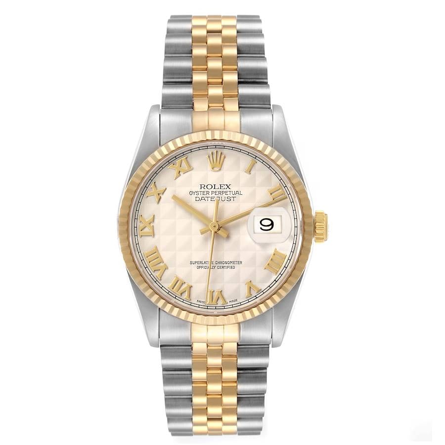 Ivory Pyramid Roman Dial Datejust Ref 16233 D Link Jubilee with Papers 2001: Ivory Pyramid Roman Dial Datejust Ref 16233 D Link Jubilee with Papers 2001 This Rolex Datejust watch features an Ivory Pyramid Roman dial, fluted bezel, and a D-Link Jubilee bracelet. It is a men's m