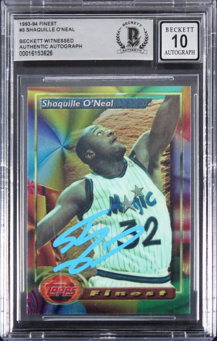 Shaquille O'Neal 1993 Finest #3 Basketball Card Beckett Auto 10 Slabbed: Shaquille O'Neal 1993 Finest #3 Basketball Card Beckett Auto 10 Slabbed This is an original 1993 Finest #3 basketball card featuring Shaquille O'Neal of the Orlando Magic, personally signed by Shaquil