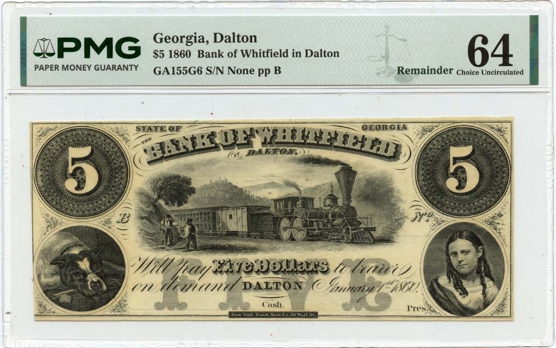 Bank of Whitfield 1860 Dalton Georgia Five Dollar Obsolete Currency PMG CU64: Bank of Whitfield 1860 Dalton Georgia Five Dollar Obsolete Currency PMG CU64 This is an 1860 $5 obsolete note issued by the Bank of Whitfield in Dalton, Georgia. The note has been certified by PMG wit