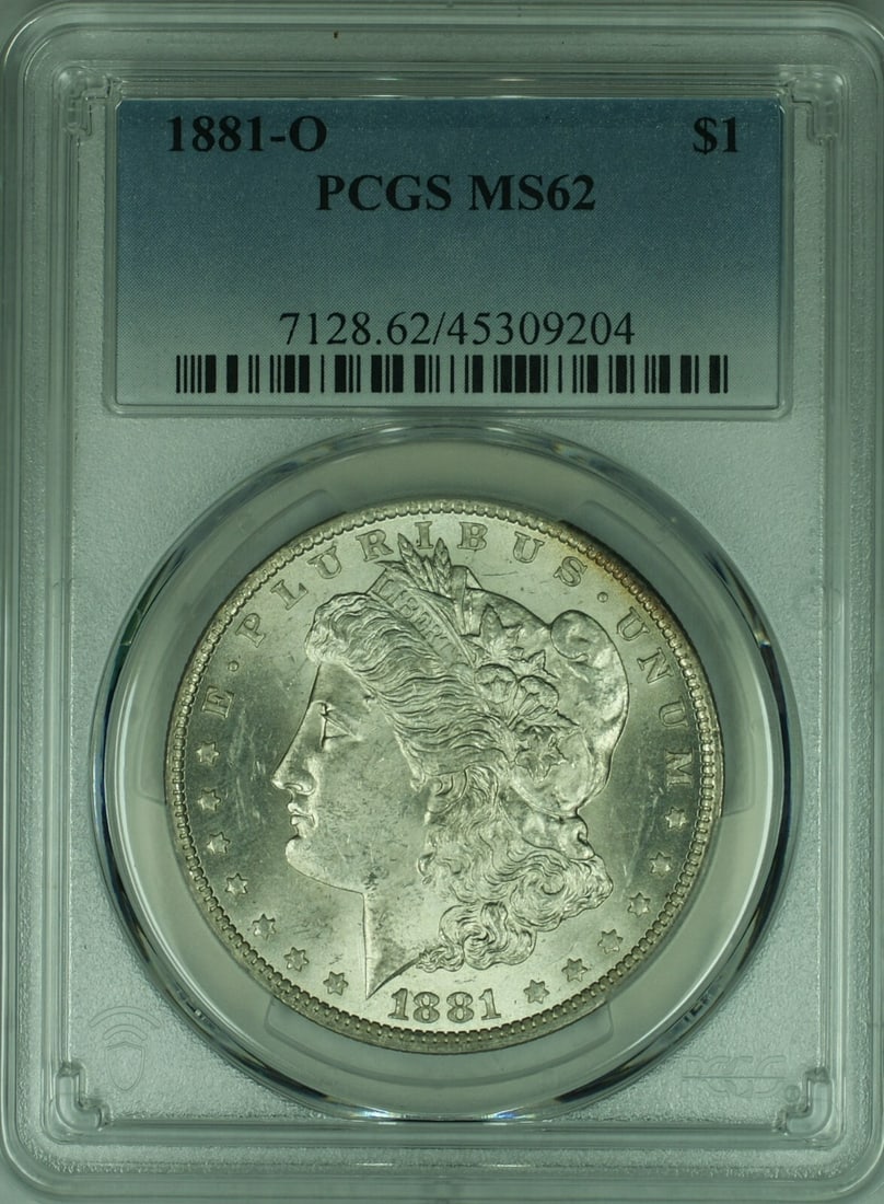 PCGS MS62 1881-O Morgan Dollar Silver Coin from New Orleans Mint: PCGS MS62 1881-O Morgan Dollar Silver Coin from New Orleans Mint This 1881-O Morgan Silver Dollar is graded MS-62 by PCGS and was minted in New Orleans. Composed of silver, it is an uncirculated $1 co