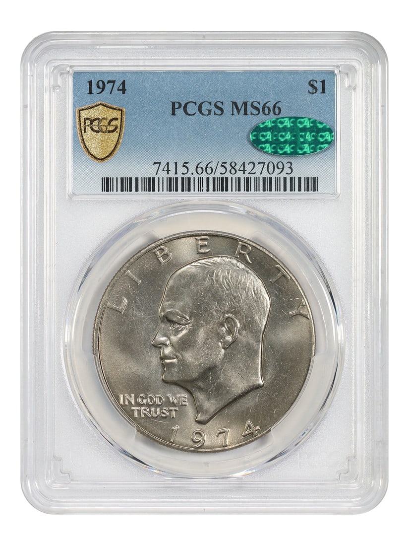1974 Philadelphia Ike Dollar PCGS CAC MS66: 1974 Philadelphia Ike Dollar PCGS CAC MS66 This 1974 Eisenhower Dollar is graded MS66 by PCGS and features CAC approval, attesting to its quality. Struck in Philadelphia, this uncirculated coin is par