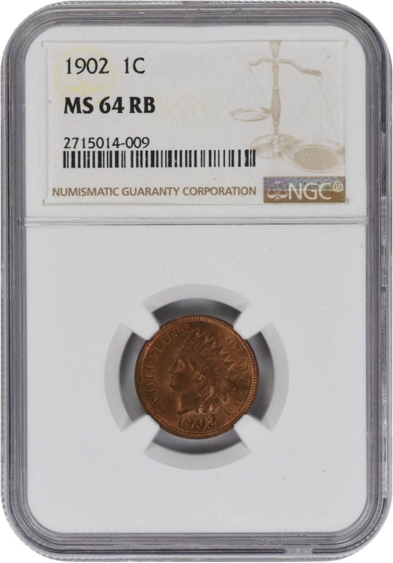 Indian Head 1902 Small Cent NGC MS64RB Certified Uncirculated Copper Coin: Indian Head 1902 Small Cent NGC MS64RB Certified Uncirculated Copper Coin This 1902 Indian Head Cent is graded MS64RB by NGC, indicating an uncirculated coin with red-brown coloration. Struck in coppe