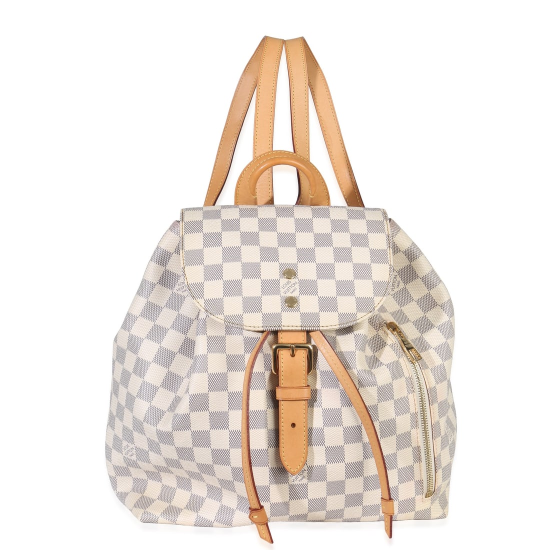 Louis Vuitton Sperone MM Damier Azur Canvas Unisex Backpack: Louis Vuitton Sperone MM Damier Azur Canvas Unisex Backpack This Louis Vuitton Damier Azur Canvas Sperone MM is a stylish backpack designed in beige canvas with gold-tone hardware. It features a buckl