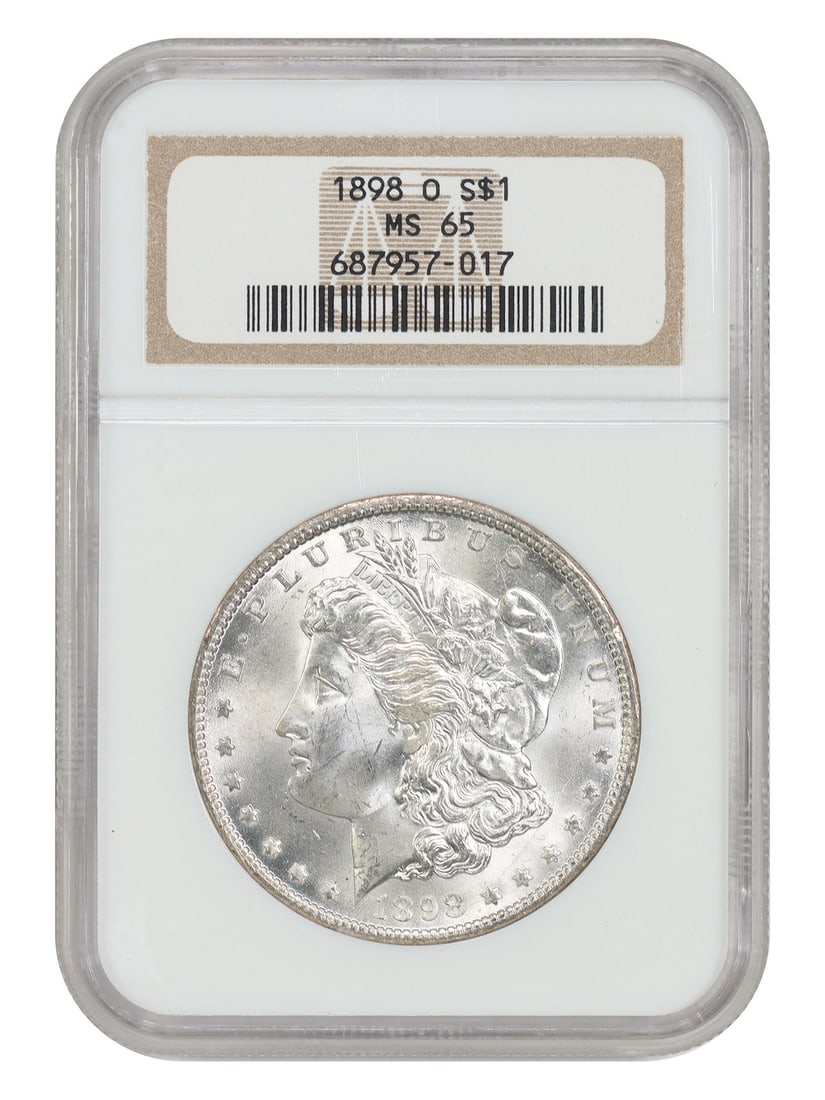 NGC MS65 1898-O Morgan Silver Dollar New Orleans Mint: NGC MS65 1898-O Morgan Silver Dollar New Orleans Mint This 1898-O Morgan Dollar is certified by NGC with a grade of MS65, indicating an uncirculated condition. Minted in New Orleans, this coin is part
