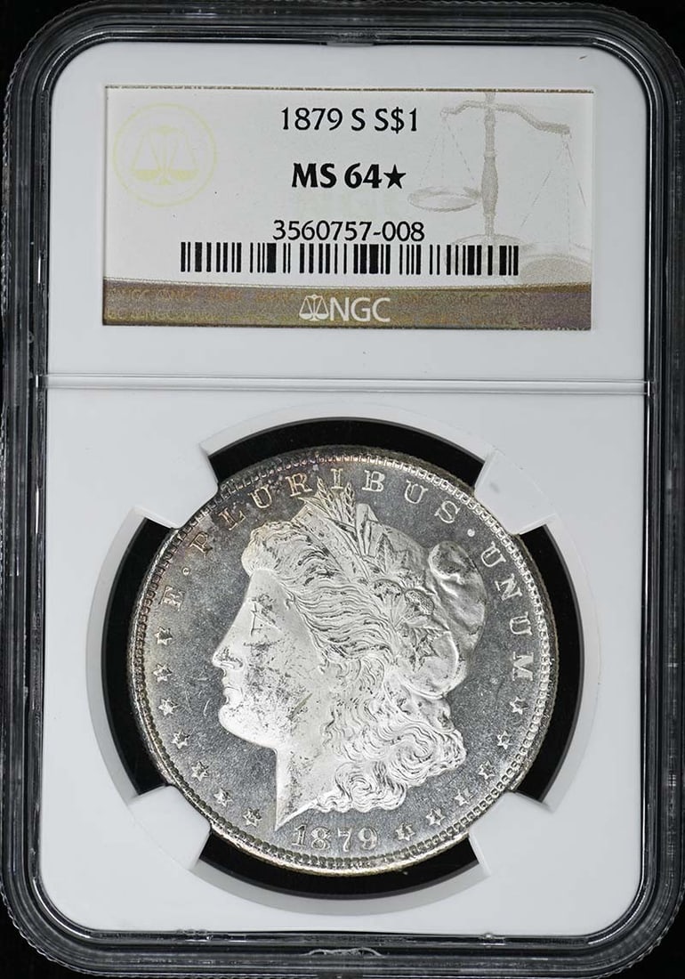 NGC MS64 Star 1879-S Morgan Dollar: NGC MS64 Star 1879-S Morgan Dollar This 1879-S Morgan Dollar is graded MS64* Star by NGC, indicating a high-quality uncirculated coin with exceptional eye appeal. Minted in San Francisco, this coin is