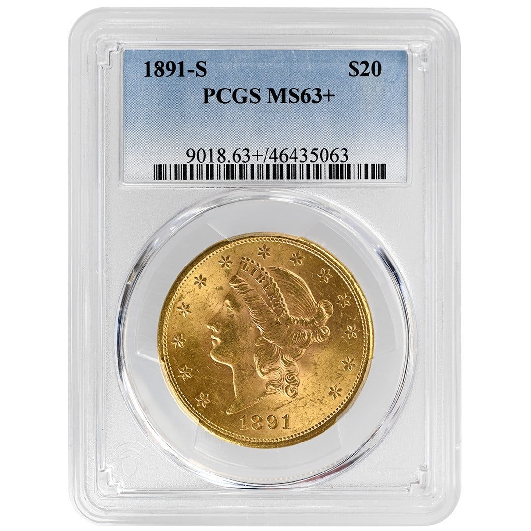 PCGS MS63+ 1891-S Liberty Head $20 Gold Coin (1 of 2)