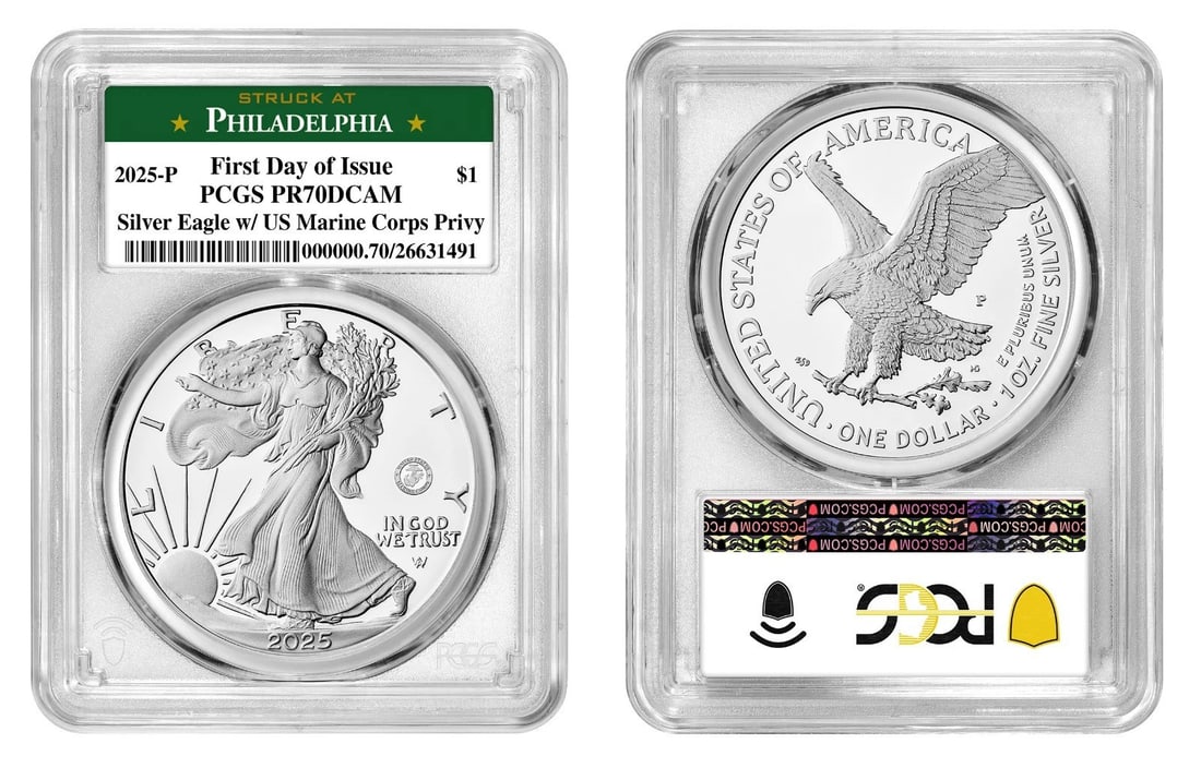 2025-P Proof American Silver Eagle Marine Privy PR70 PCGS First Day: 2025-P Proof American Silver Eagle Marine Privy PR70 PCGS First Day This stunning 2025-P Proof American Silver Eagle features the U.S. Marine privy mark, celebrating its First Day of Issue. Crafted by