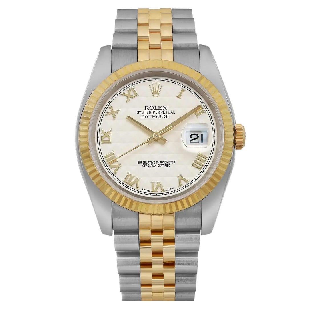 Rolex Datejust 36 Automatic 18K Gold Steel Cream Dial Mens Watch 116233: Rolex Datejust 36 Automatic 18K Gold Steel Cream Dial Mens Watch 116233 This Rolex Datejust 36 is a luxurious wristwatch that combines elegance and functionality. Crafted from a stunning mix of 18K ye