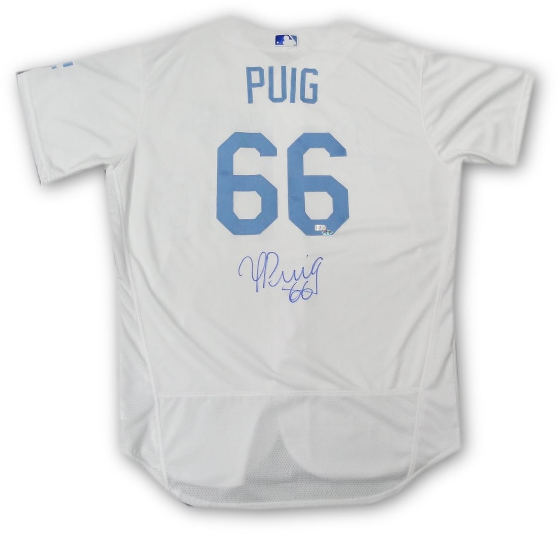 Yasiel Puig Signed Dodgers Father's Day Jersey Athlete Hologram: Yasiel Puig Signed Dodgers Father's Day Jersey Athlete Hologram Celebrate your love for baseball with this officially licensed Yasiel Puig team-issued jersey from the Los Angeles Dodgers. This unique 