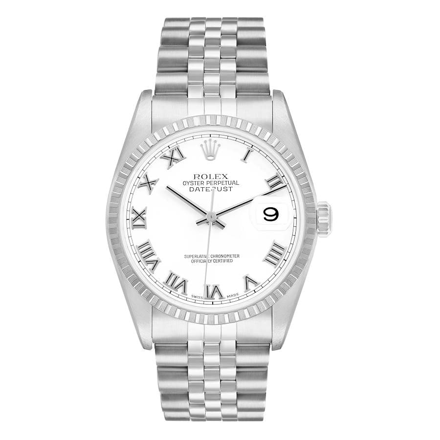 Mens Datejust Watch Ref 16220 White Roman Dial D Link Jubilee: Mens Datejust Watch Ref 16220 White Roman Dial D Link Jubilee This Rolex Datejust watch features a white Roman numeral dial, an engine turned bezel, and a D-Link Jubilee bracelet. Designed for men, it