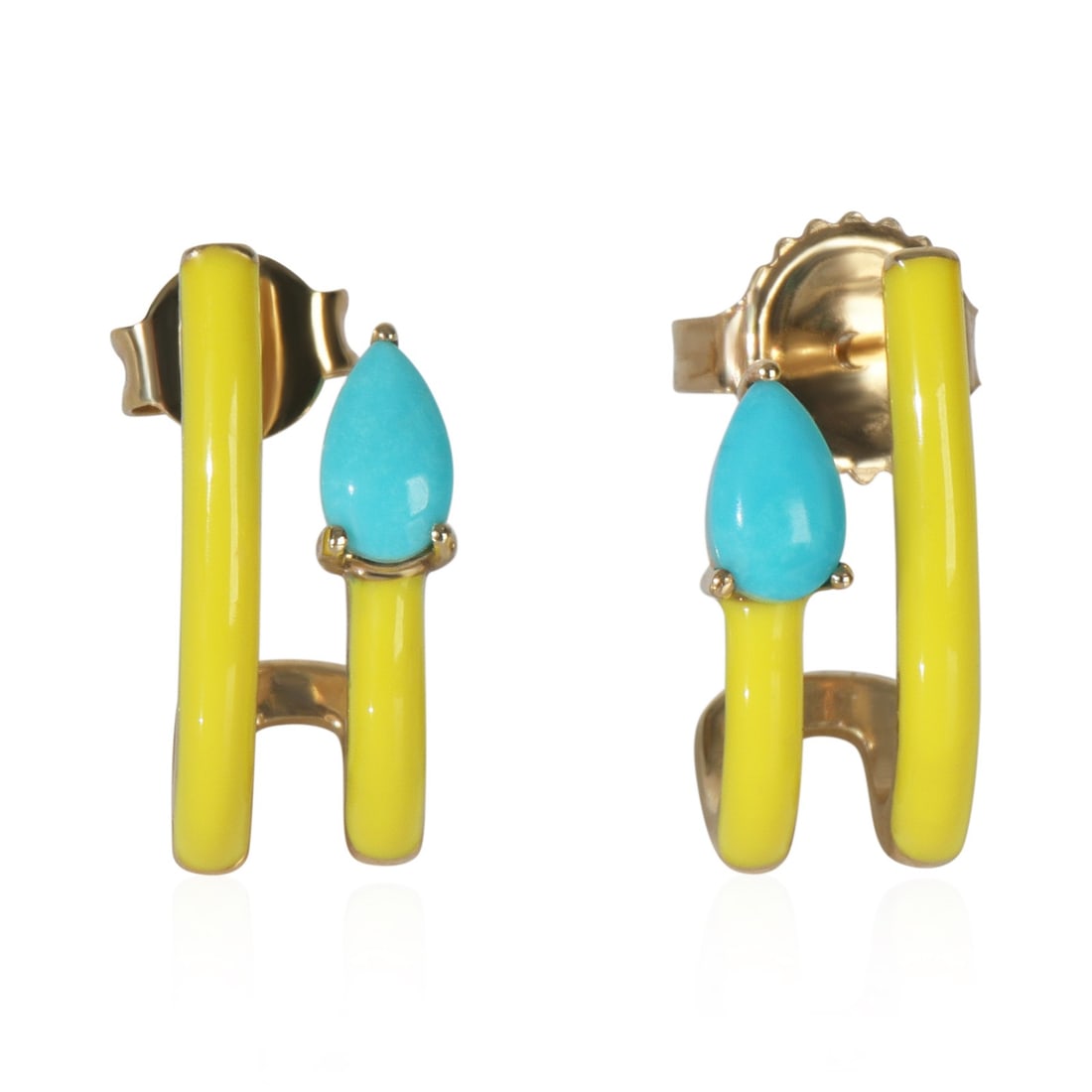 14K Yellow Gold Pear Shape Tan Enamel J Hoop Earrings with Turquoise: 14K Yellow Gold Pear Shape Tan Enamel J Hoop Earrings with Turquoise These pre-owned J hoop earrings feature a pear-shaped design crafted in 14K yellow gold. The earrings are adorned with turquoise si