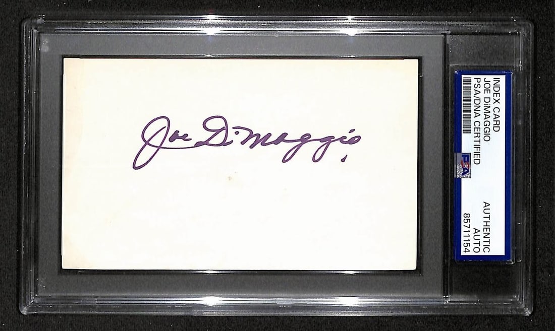 Autographed Joe DiMaggio 3x5 Index Card PSA DNA Certified Yankees HOF: Autographed Joe DiMaggio 3x5 Index Card PSA DNA Certified Yankees HOF This is an original 3x5 index card signed by Hall of Famer Joe DiMaggio. The autographed card has been authenticated by PSA/DNA an