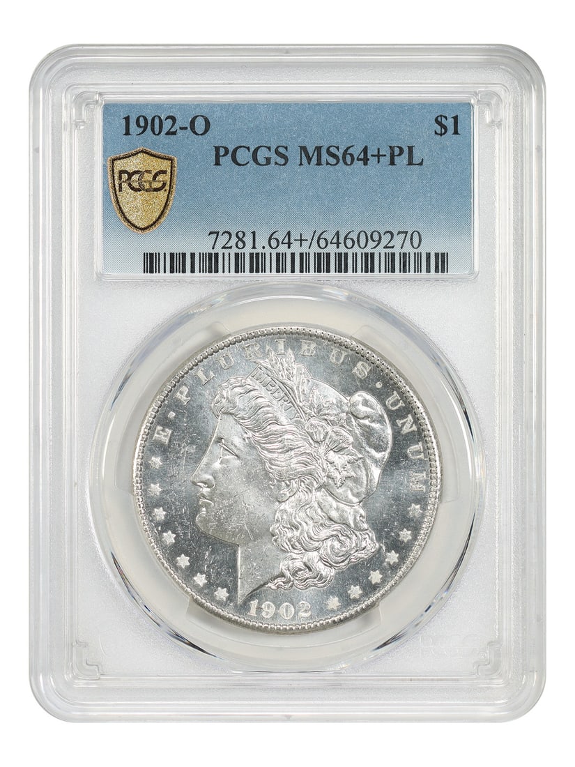 1902-O PCGS MS64+PL Morgan Silver Dollar: 1902-O PCGS MS64+PL Morgan Silver Dollar This 1902-O Morgan Dollar is a $1 coin graded MS64+PL by PCGS. It is uncirculated and features a prooflike (PL) strike. Minted in New Orleans, this coin is par