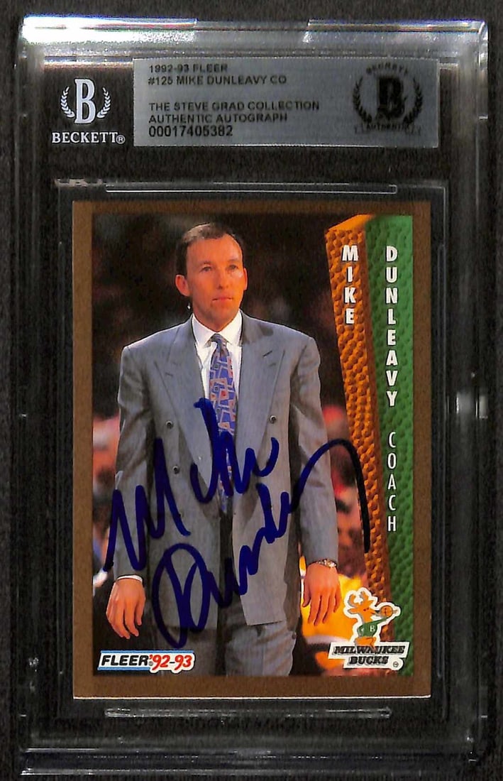 1992-93 Fleer Basketball Card Signed by Mike Dunleavy Beckett Authenticated: 1992-93 Fleer Basketball Card Signed by Mike Dunleavy Beckett Authenticated This is an original 1992-93 Fleer #125 sports trading card signed by Milwaukee Bucks Head Coach Mike Dunleavy. The autograph