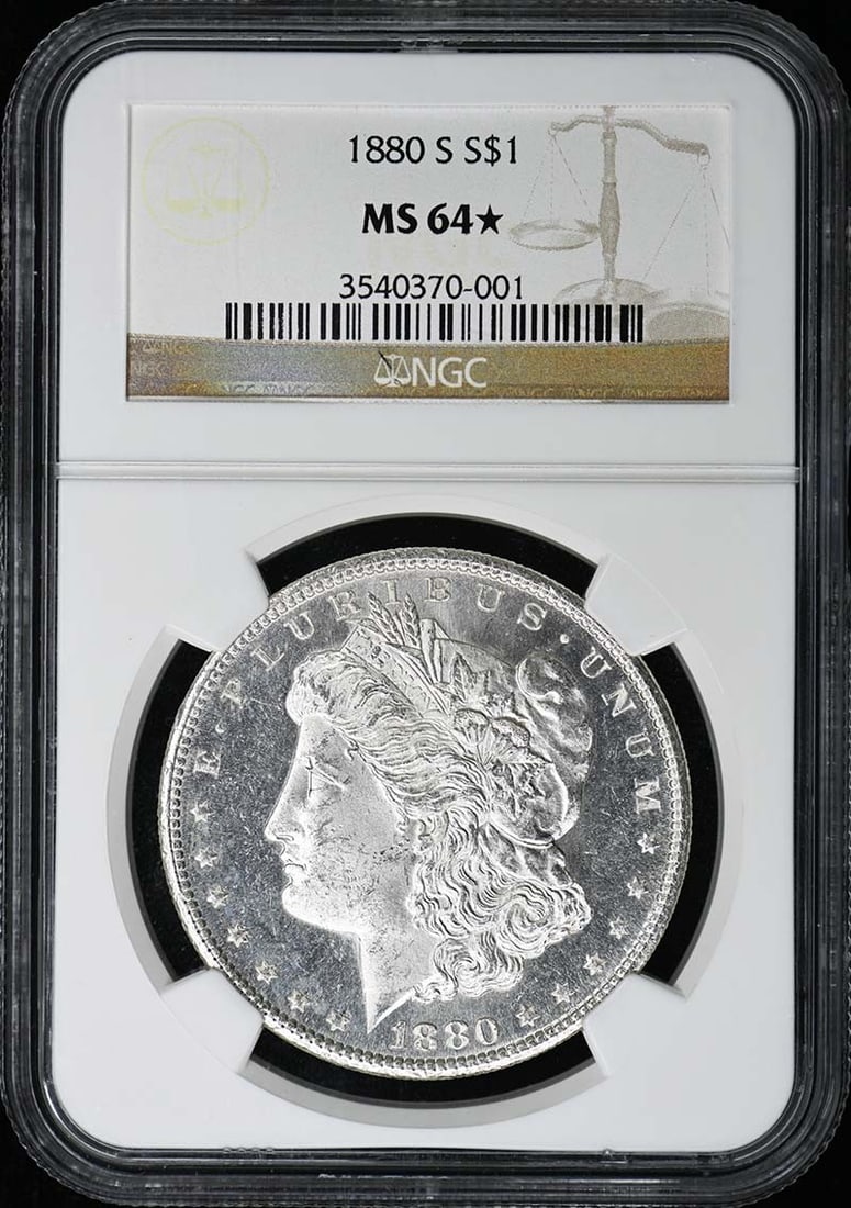 NGC MS64 Star 1880-S Morgan Silver Dollar: NGC MS64 Star 1880-S Morgan Silver Dollar This is an 1880-S Morgan Dollar graded MS64* (Star) by NGC. Struck at the San Francisco Mint, this uncirculated silver dollar is a pre-owned collectible from 