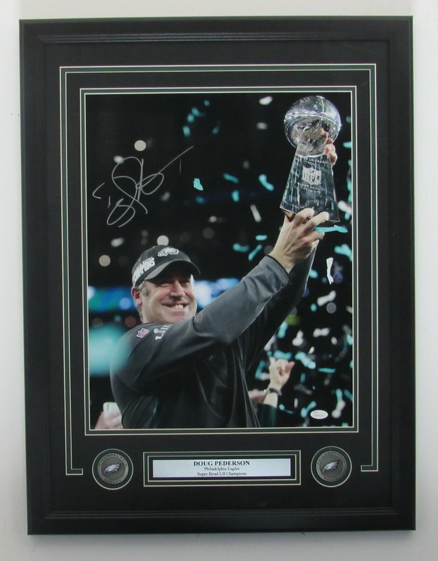 Doug Pederson Autographed 16x20 Eagles Super Bowl Photo Framed JSA: Doug Pederson Autographed 16x20 Eagles Super Bowl Photo Framed JSA This stunning 16x20 photo captures Doug Pederson, the head coach of the Philadelphia Eagles, in action during Super Bowl LII. This or