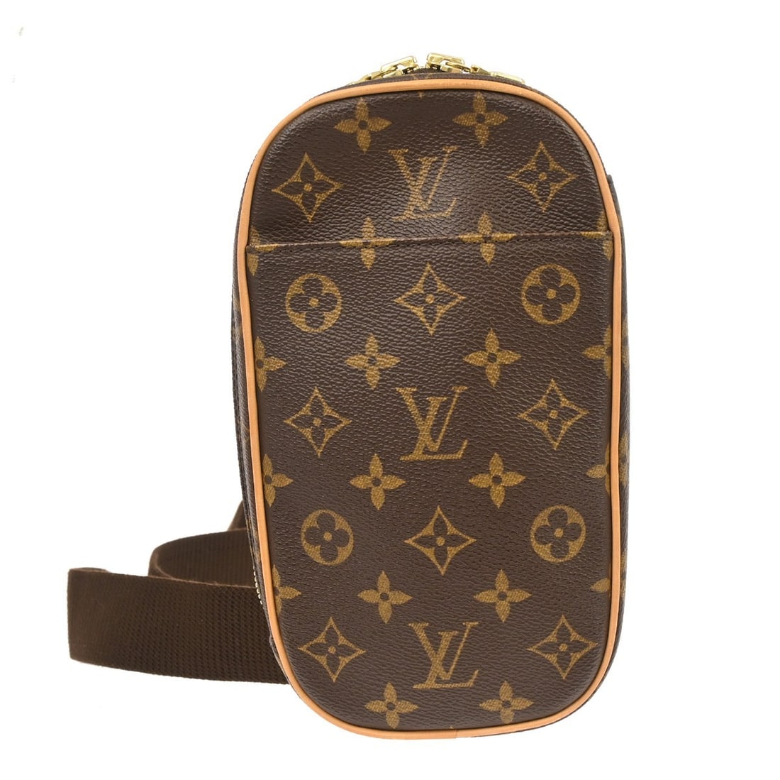 Monogram Canvas Pochette Gange Waist Bag by Louis Vuitton M51870: Monogram Canvas Pochette Gange Waist Bag by Louis Vuitton M51870 This Louis Vuitton Monogram Pochette Gange bum bag features the signature monogram canvas exterior in brown with gold-tone hardware. De