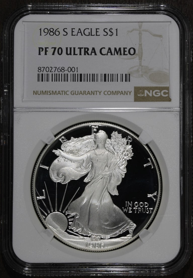 1986-S Proof Silver Eagle NGC PF70 Ultra Cameo 1 oz: 1986-S Proof Silver Eagle NGC PF70 Ultra Cameo 1 oz This 1986 American Silver Eagle is a proof coin struck by the U.S. Mint. Composed of 0.999 fine silver, it contains one troy ounce of precious metal