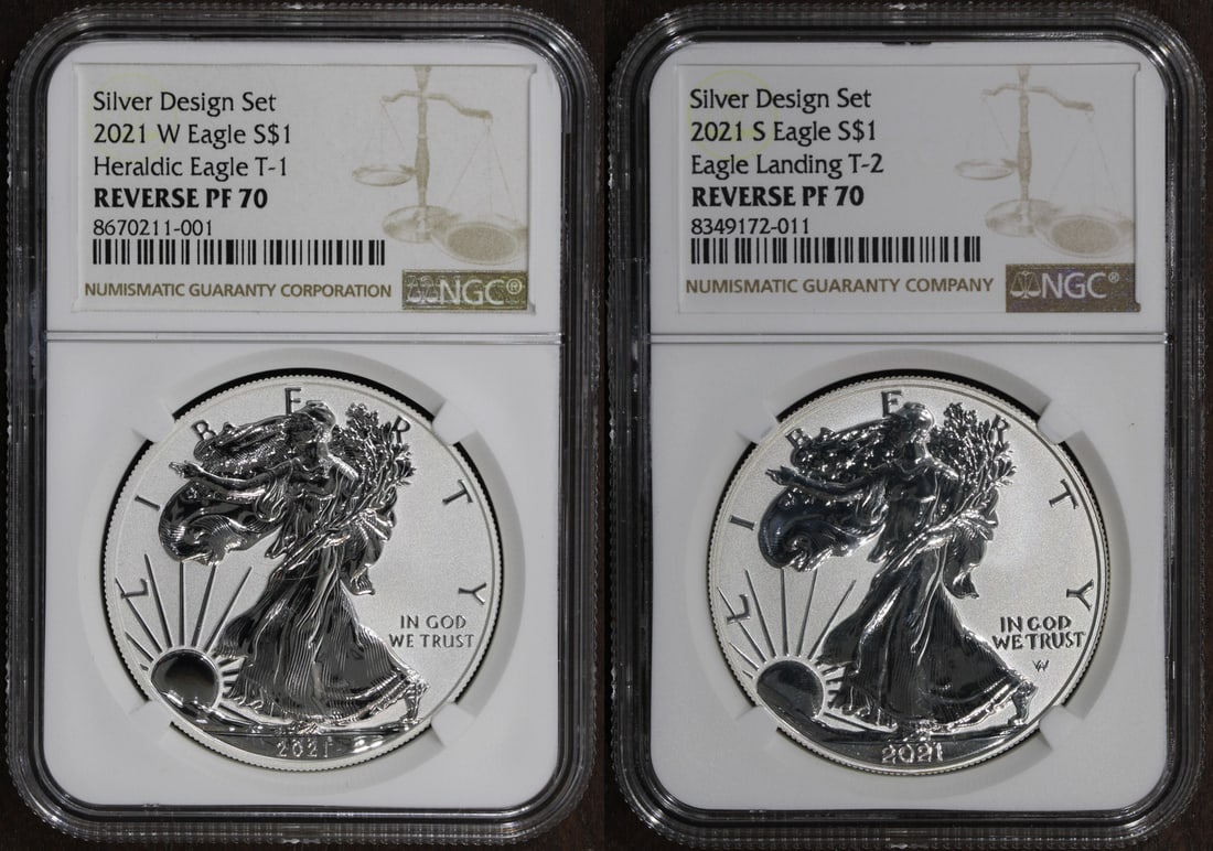 Set of 2 NGC PR70 2021-S Reverse Proof Silver Eagle Type 1 and 2 Coins: Set of 2 NGC PR70 2021-S Reverse Proof Silver Eagle Type 1 and 2 Coins This set includes two 2021 American Eagle reverse proof coins, featuring both the Type 1 and Type 2 designs. Each coin is struck 