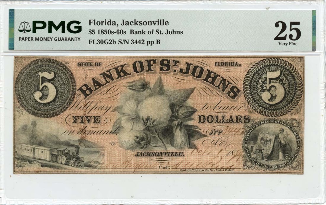 Bank of St Johns 1859 Five Dollar Jacksonville Florida PMG VF25 Obsolete Currency (1 of 2)