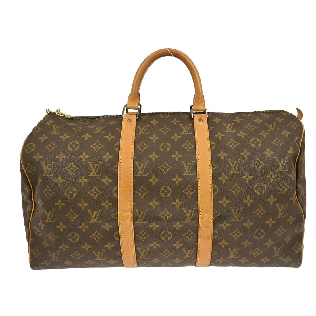 Keepall Travel Bag by Louis Vuitton Monogram Canvas Unisex Brown: Keepall Travel Bag by Louis Vuitton Monogram Canvas Unisex Brown The Louis Vuitton Keepall Bag in Monogram Canvas features a classic brown canvas exterior with leather trim, designed for unisex use. T