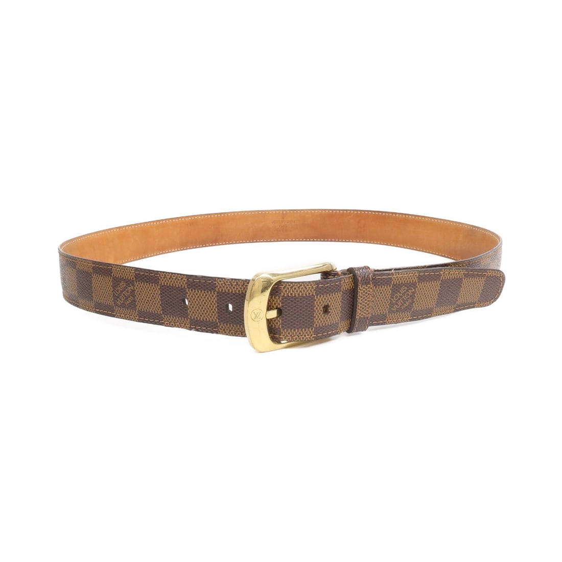 Damier Ebene Ellipse Belt by Louis Vuitton with Gold Tone Hardware Brown 90: Damier Ebene Ellipse Belt by Louis Vuitton with Gold Tone Hardware Brown 90 This Louis Vuitton Ceinture Ellipse belt features the signature Damier Ebene brown pattern crafted in PVC coated canvas. Des