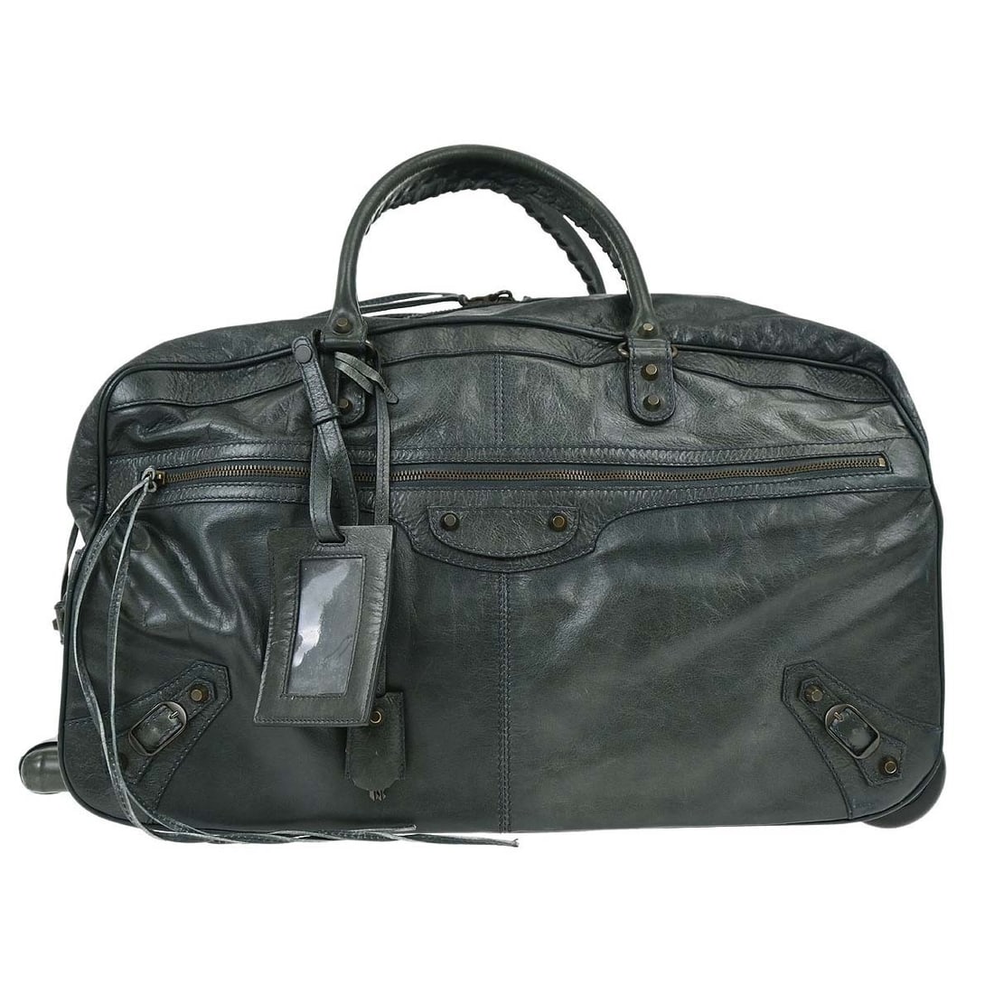 Balenciaga Green Leather 2way Carry On Travel Handbag Model 235224.1202 002123: Balenciaga Green Leather 2way Carry On Travel Handbag Model 235224.1202 002123 This Balenciaga carry-on luggage is crafted from green leather, offering a versatile 2-way handbag design suitable for un
