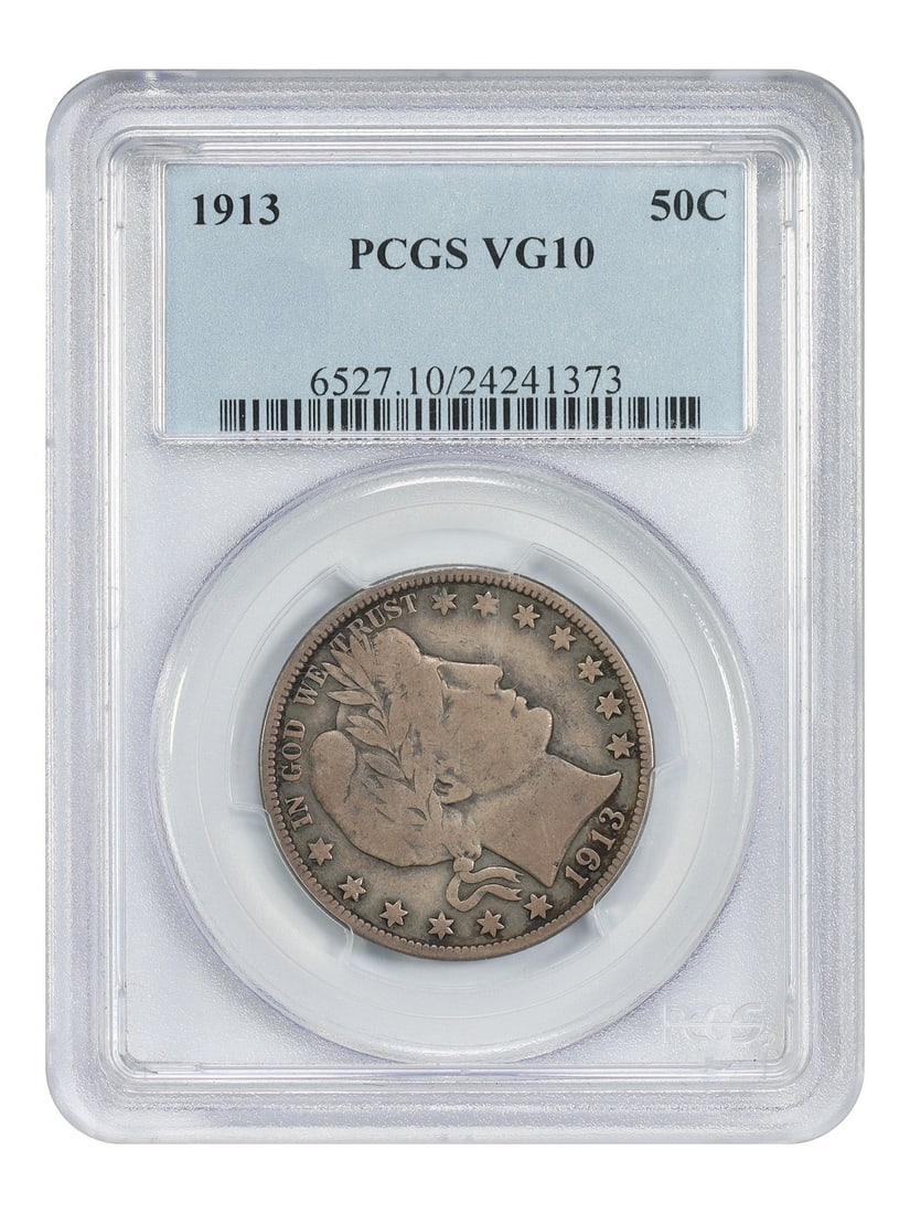 PCGS VG10 1913 Barber Half Dollar 50C Scarce Date: PCGS VG10 1913 Barber Half Dollar 50C Scarce Date This 1913 Barber Half Dollar is a scarce date coin with a low mintage of only 188,000 pieces. Graded VG10 by PCGS, this circulated example was struck 
